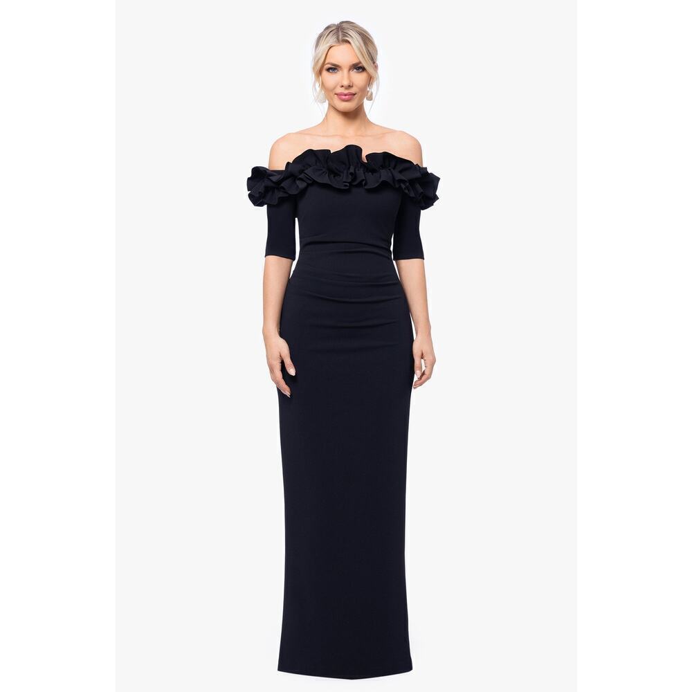 XSCAPE Long Crepe Off The Shoulder Ruffle Short Sleeve Black Size 4 NWT